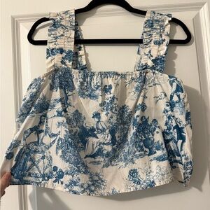 Ganni Blue and White Smocked Cropped Tank Top